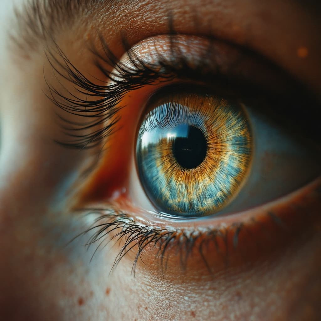 AI generated: A brown hyperrealistic eye that that can be zoomed into, In every zoom stage a new random scene can ...