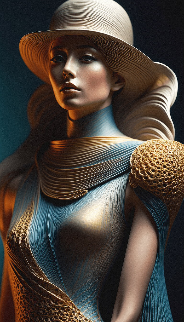 AI generated: A portrait of a figure exuding a futuristic elegance, crowned with a wide-brimmed hat that cascades ...