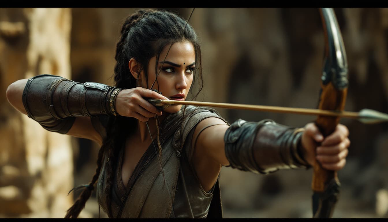 AI generated: hyper realistic .5.	Wide shot of Yutab practicing archery with her bow, her arrow hitting the target...