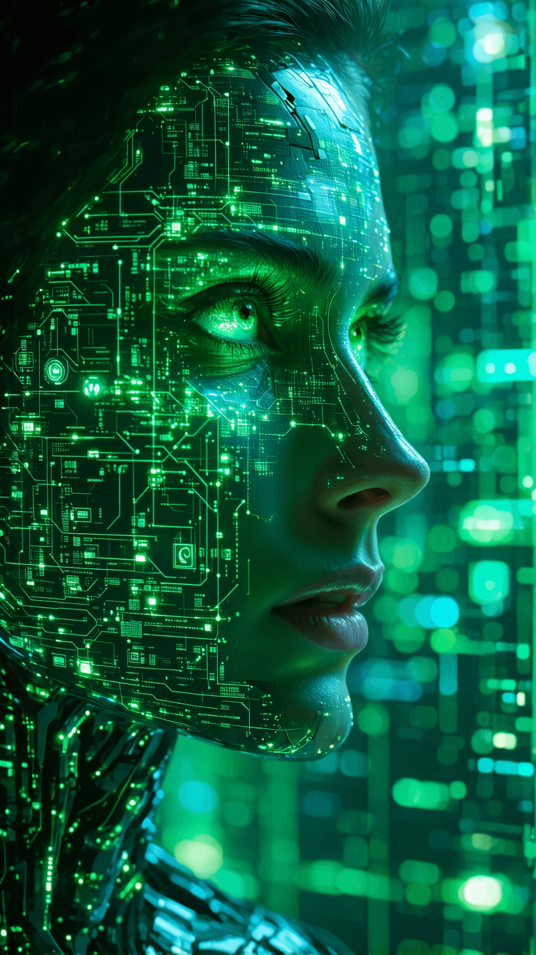 AI generated: "Crea un video hiperrealista en resolución 4K que muestre a un androide futurista interactuando con ...