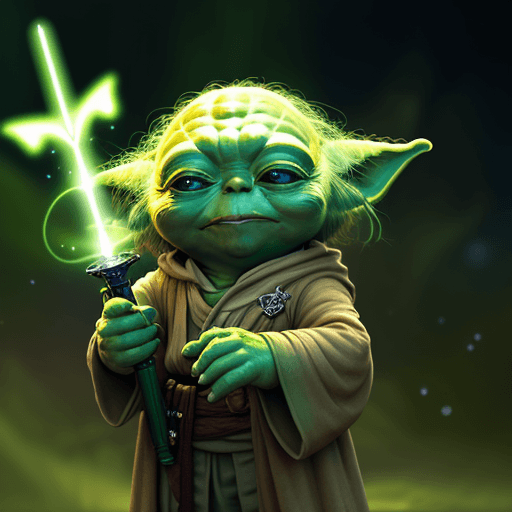 AI generated:  YODA in cosmos, 8k, light sword, happy YODA, friends YODA