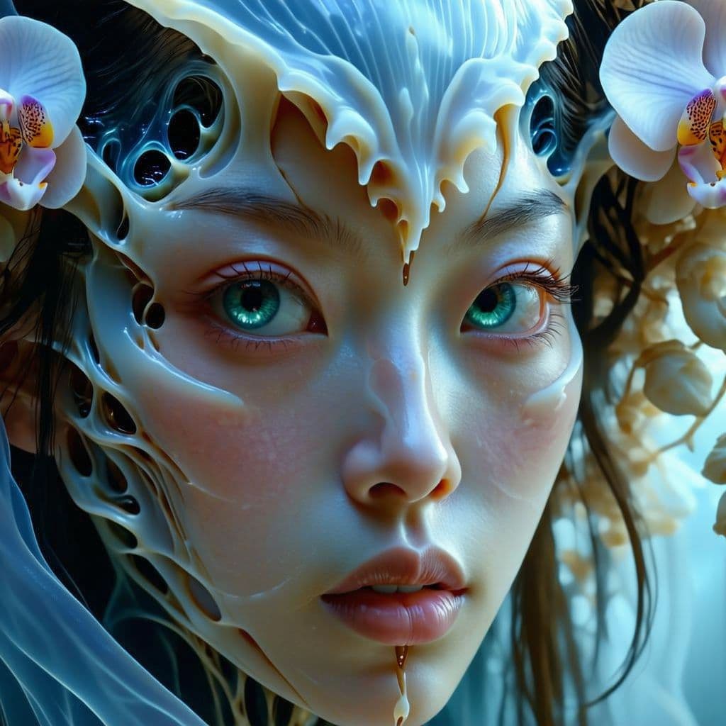 AI generated: Goddess close-up portrait ribcagel. jellyfish phoenix head, nautilus, orchid, skull, betta fish, bio...