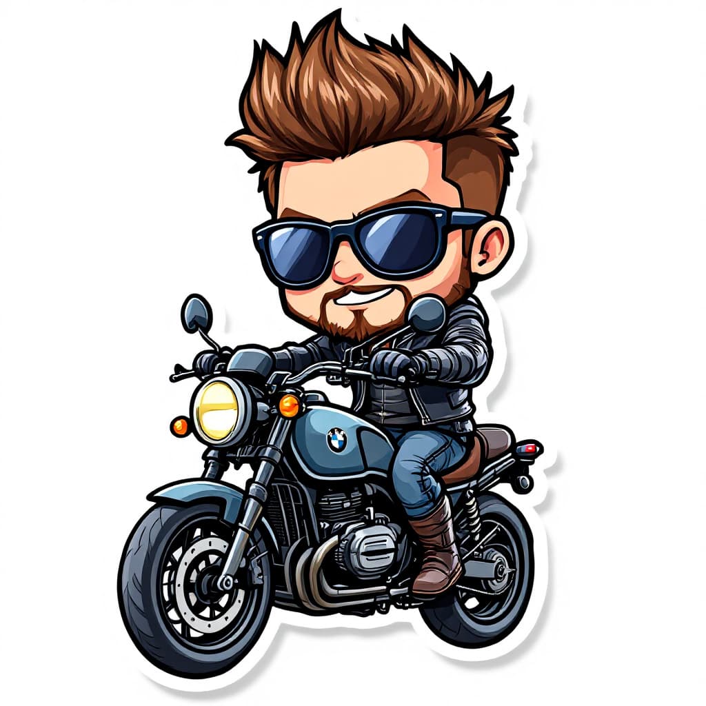 AI generated: ((cute sticker of Biker guy with spiky brown hair, pit viper sunglasses and leather jacket, riding a...