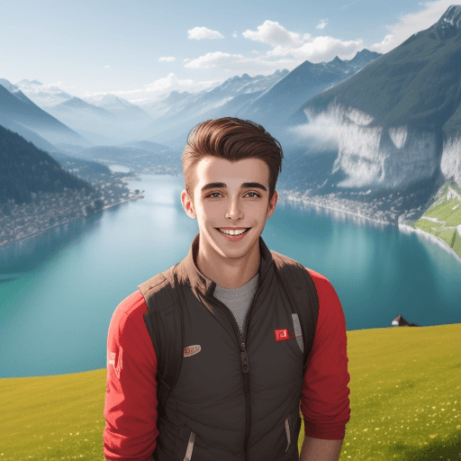 AI generated: Handsome boy smiling in switzerland nature