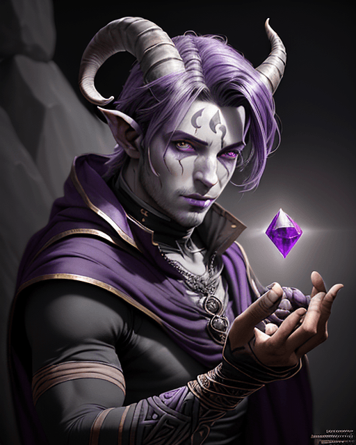 AI generated: portrait painting of male magical tiefling rogue thief with lavender skintone and ram horns on the f...