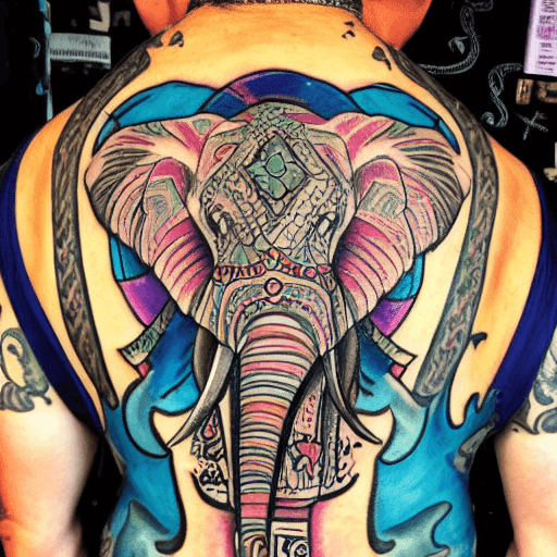 AI generated: TATTOO, COLOR, ON THE BACK, ELEPHANT, ARMOR, PERSIA, MONEY, LUCK,