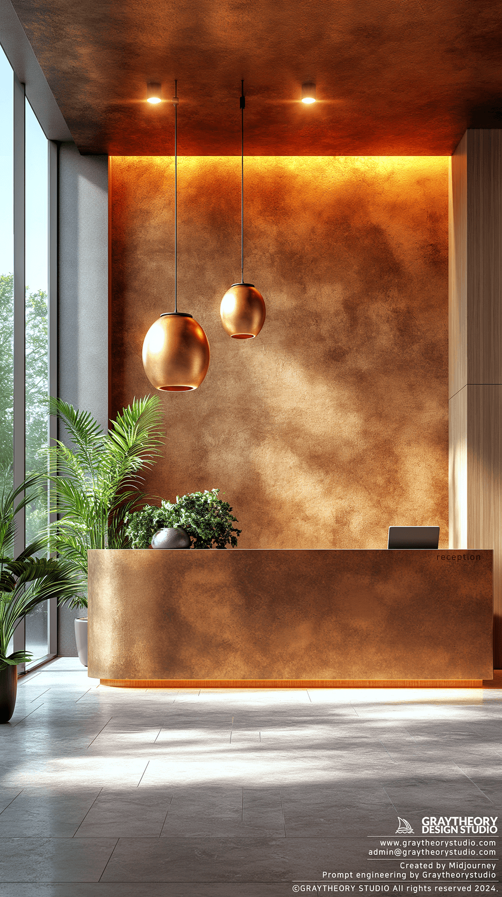 AI generated: contemporary reception desk, Nikon Z7 II, desk's smooth surfaces and the harmonious integration of a...