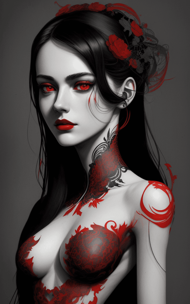 AI generated: stunning half body portrait of a beautiful young stoic elegant, black and red colors, minimalism, de...