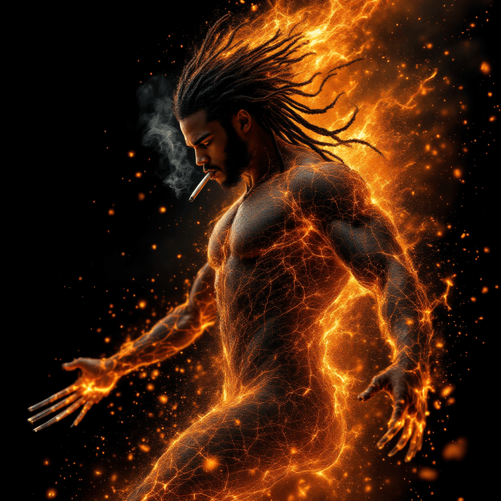 AI generated: Young black model as a god of fire disintegrating form lunging, with long black braids hair and tatt...