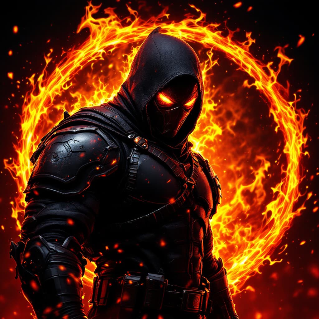 AI generated: 3d gaming logo kill steeling  character war fighter black fire background 
