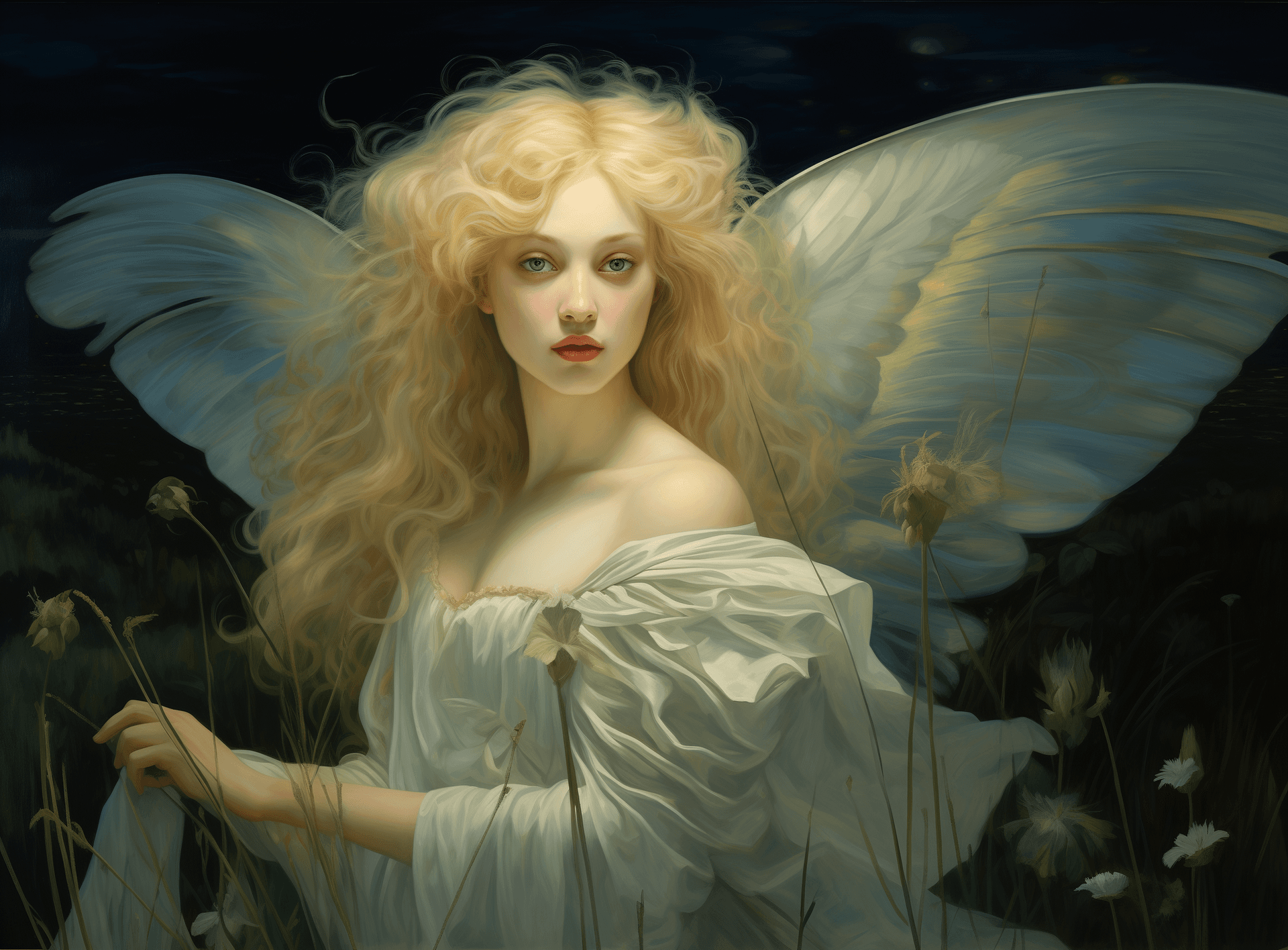 AI generated: oil painting of an angel with large white wings, flying in the night sky over green fields, she has ...