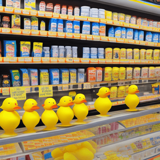 AI generated: Interior of a convenience store that only sells rubber ducks