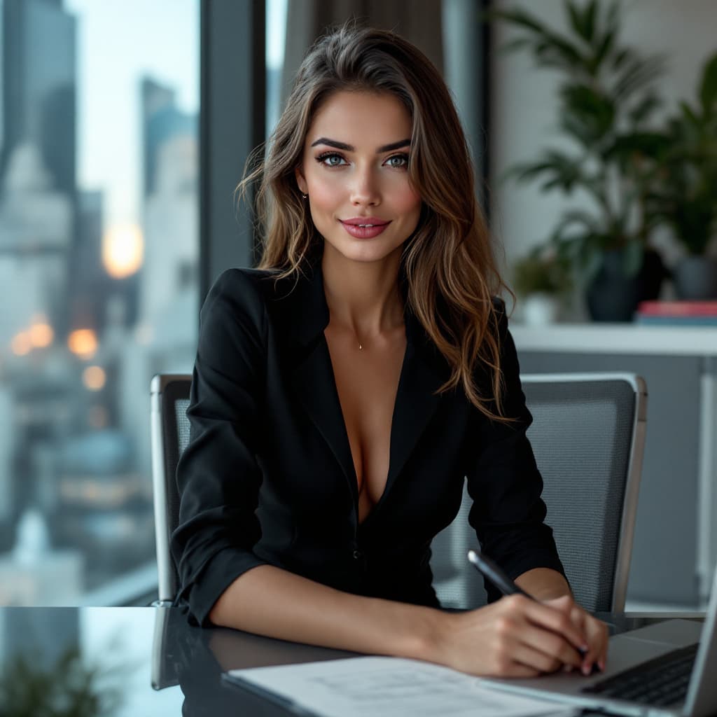 AI generated:  young athletic woman, Create an image of an attractive, slender woman working in a corporate office...