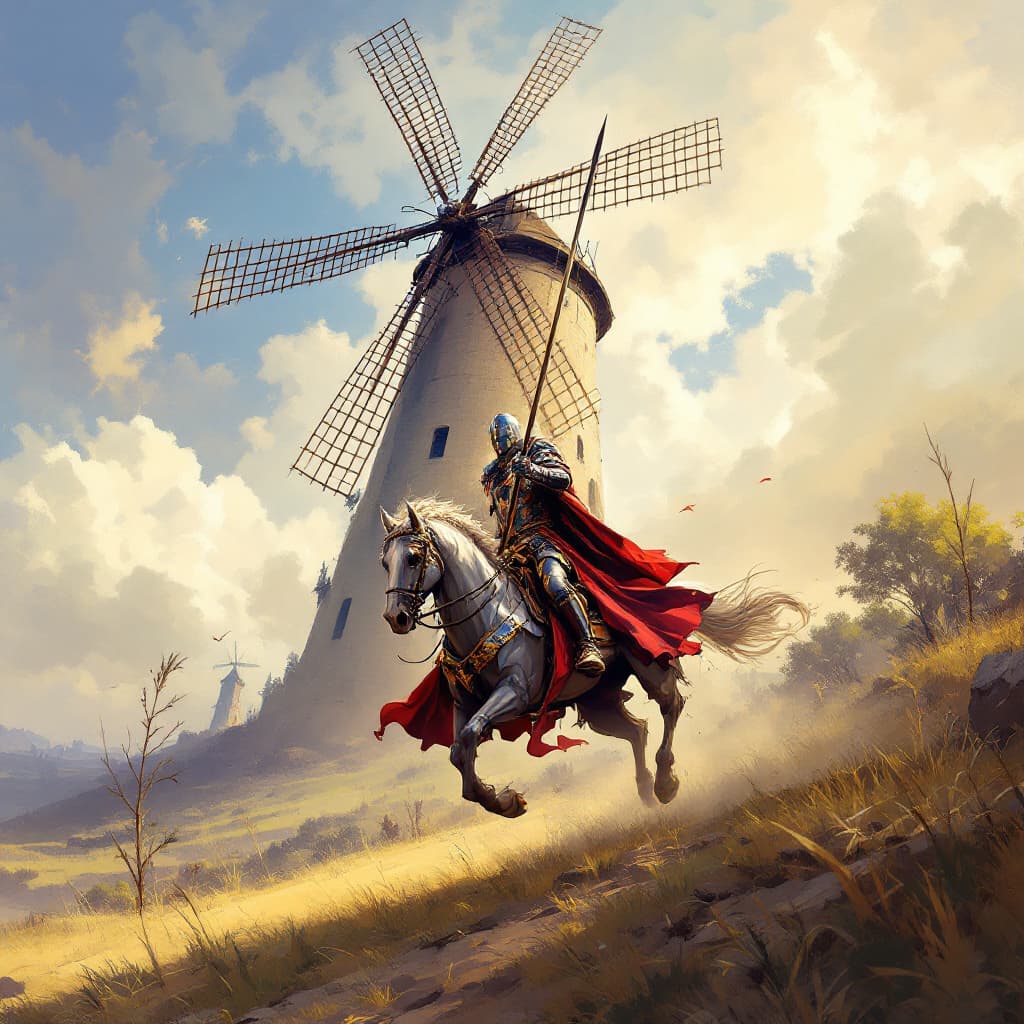 AI generated: A valiant knight on horseback, Don Quixote, charges courageously towards a towering windmill, his la...