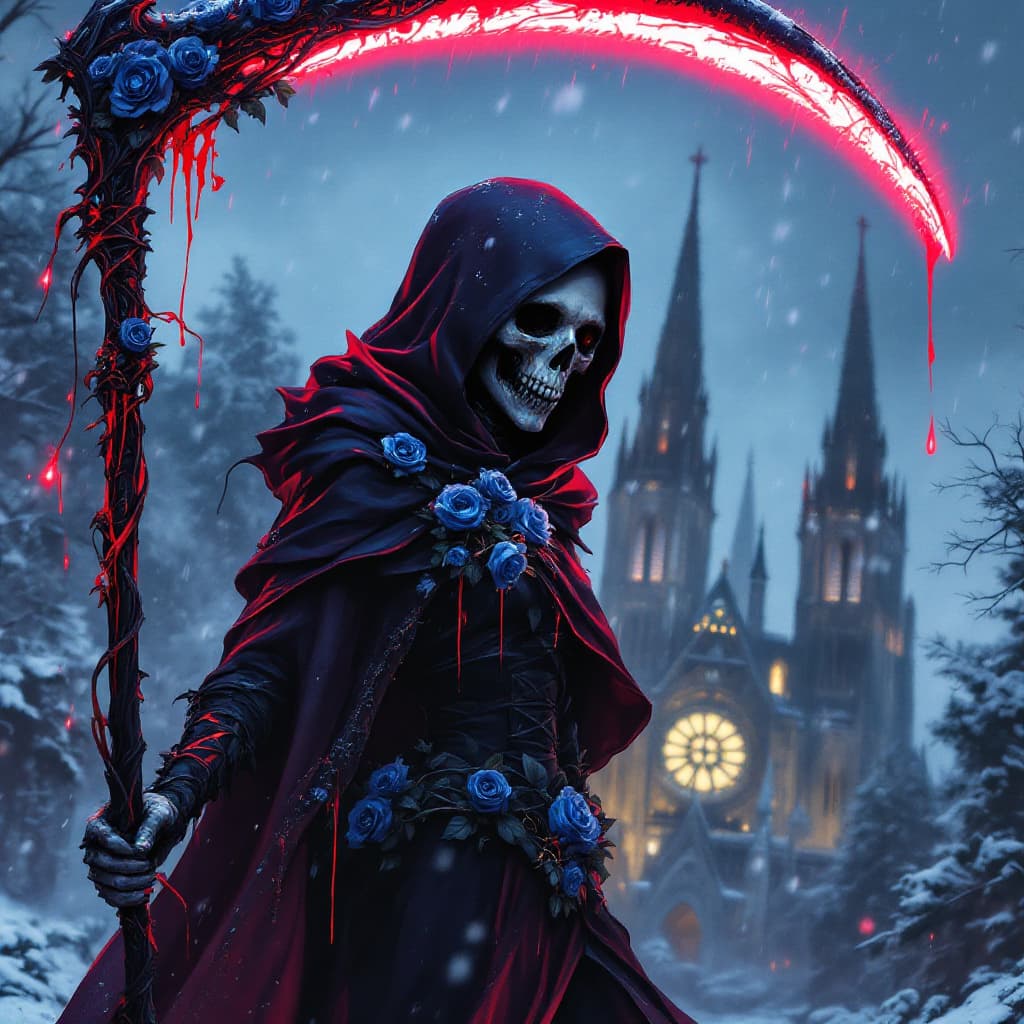 AI generated: concept art , skull, holding a large glowing red neon scythe, She is adorned in dark hooded robes, H...