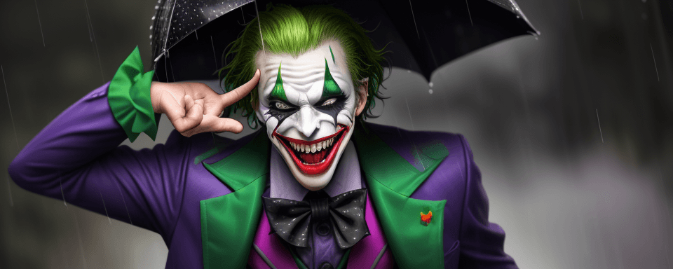 AI generated: Outside in the rain, lightning flashing, full-length image of a man wearing a Joker mask, hair on hi...