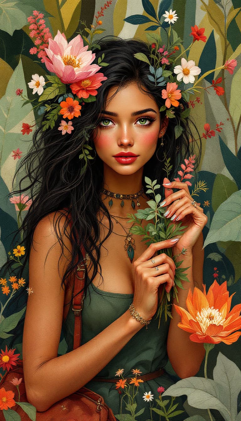 AI generated: "Scarlet Botanist in a Thriving Grove": A compelling abstract painting showcases a botanist, with a ...