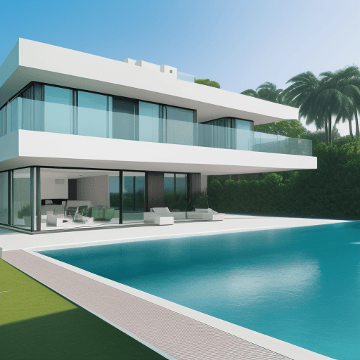 AI generated: ultra-modern mega villa by the sea with swimming pool and green space with big pool