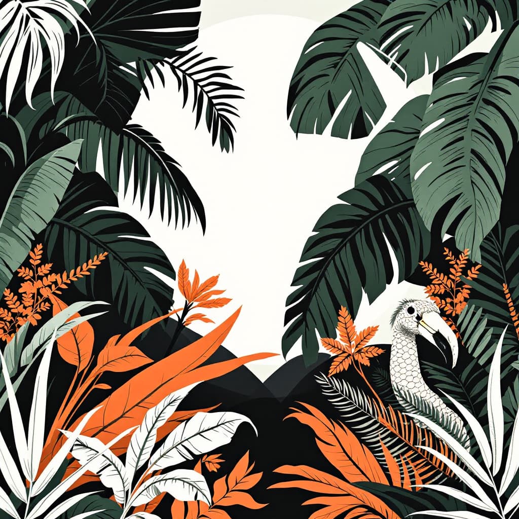 AI generated: graphic jungle scene illustration background for a 3x3 grid. in the center is a small white circle. ...