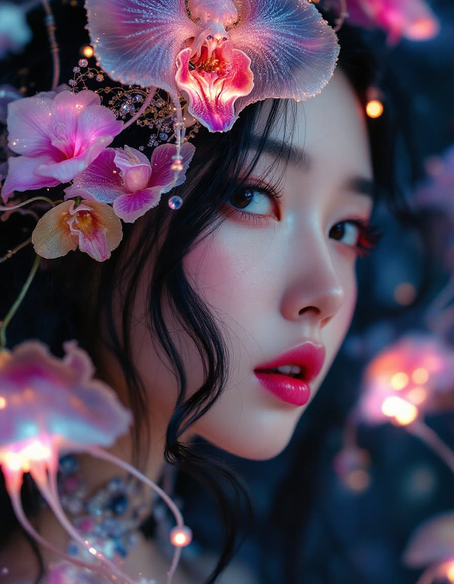 AI generated: Goddfashion photography, perfect face,through, pretty silk long black hairs,(medium side breast),cut...