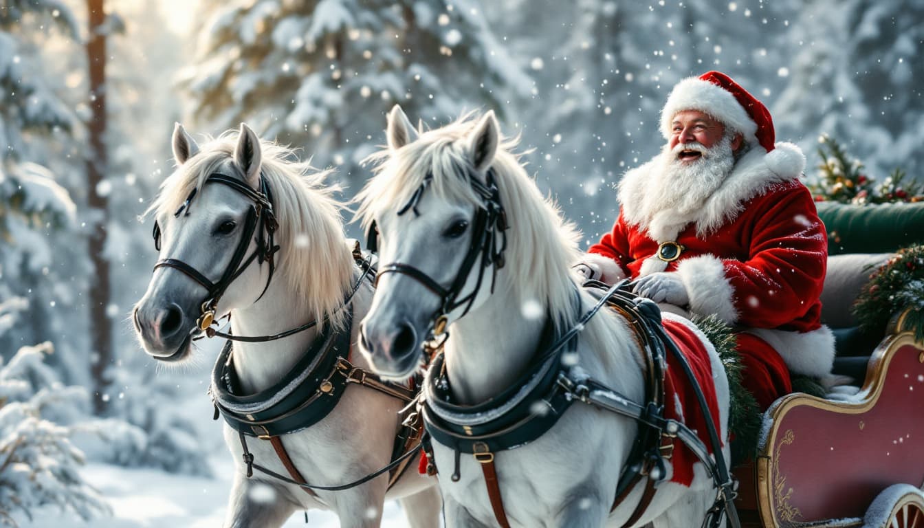 AI generated: Cinematic scene. Winter forest covered with snow. Horse team of three snow-white horses harnessed in...