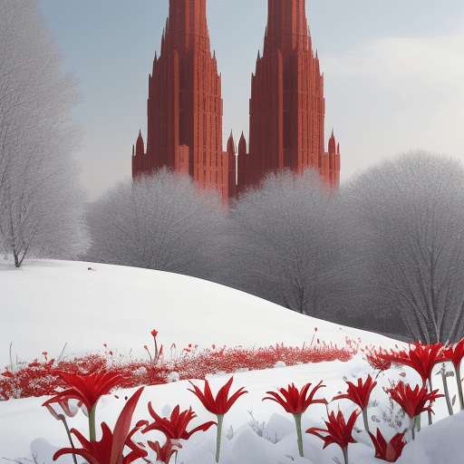 AI generated: Snow scenery, red flowers lilies, Two big towers in the horizon