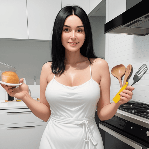 AI generated: "A 30-year-old woman with black hair, standing confidently in a modern kitchen. She is wearing a lig...