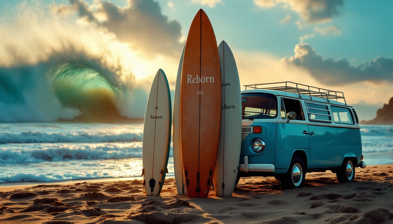 AI generated: A highly detailed distant ,ultra high definition low angle view, pro photo of a five surfboards stan...