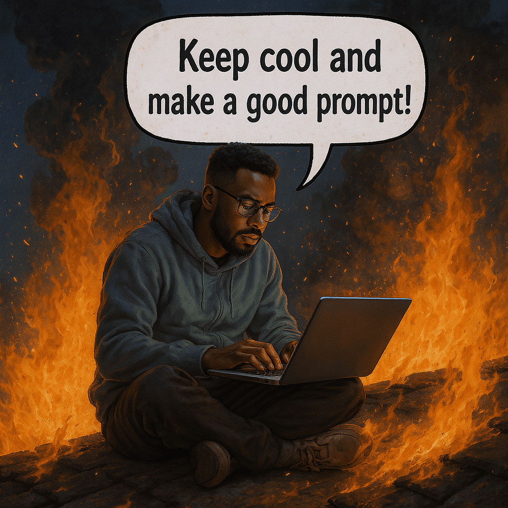 AI generated: The man from the Image is staying on a burning roof with a laptop in his hand and is typing somethin...