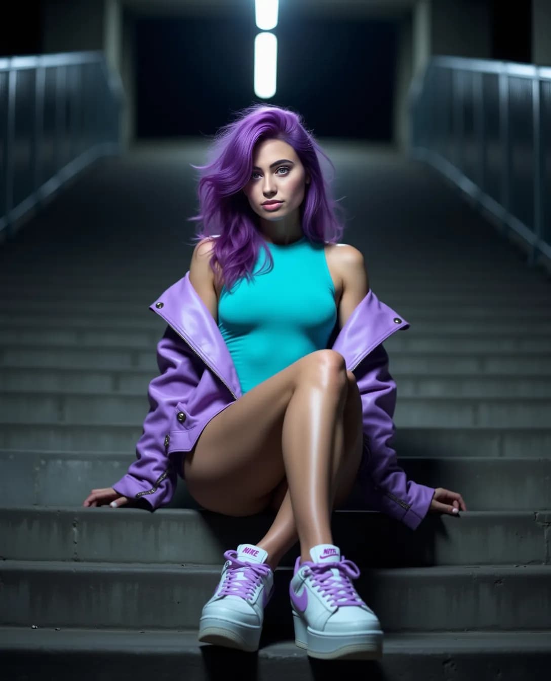 AI generated: Hyperrealistic photography, HD, 8K, realism, skin details. A muse-like woman with violet hair sits o...