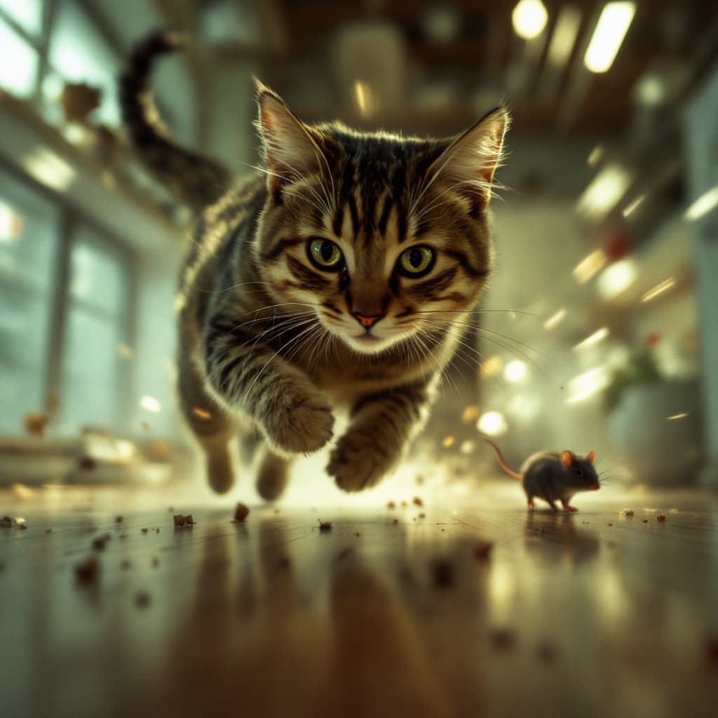 AI generated: A handheld-style tracking shot follows the chase, with rapid camera movements to mimic the intensity...