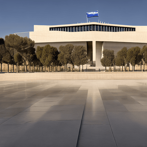 AI generated: Hyper realistic eye level exterior photo of the Israeli parliament the Knesset, daylight, indirect l...