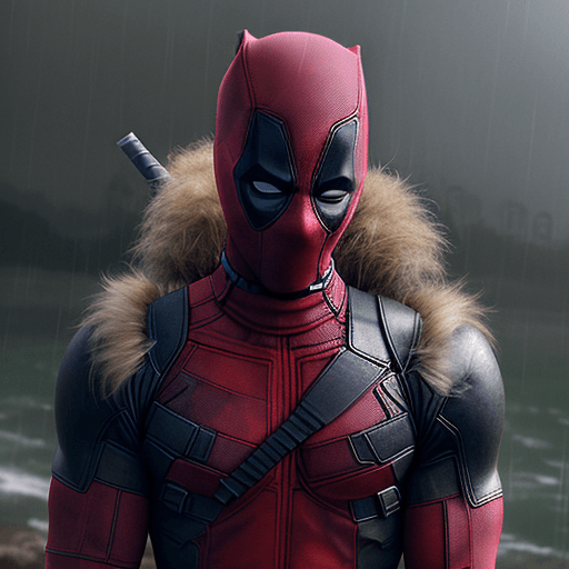 AI generated: Deadpool, high ornamented light armor, fluffy fur, foggy, wet, stormy, 70mm, cinematic, highly detai...
