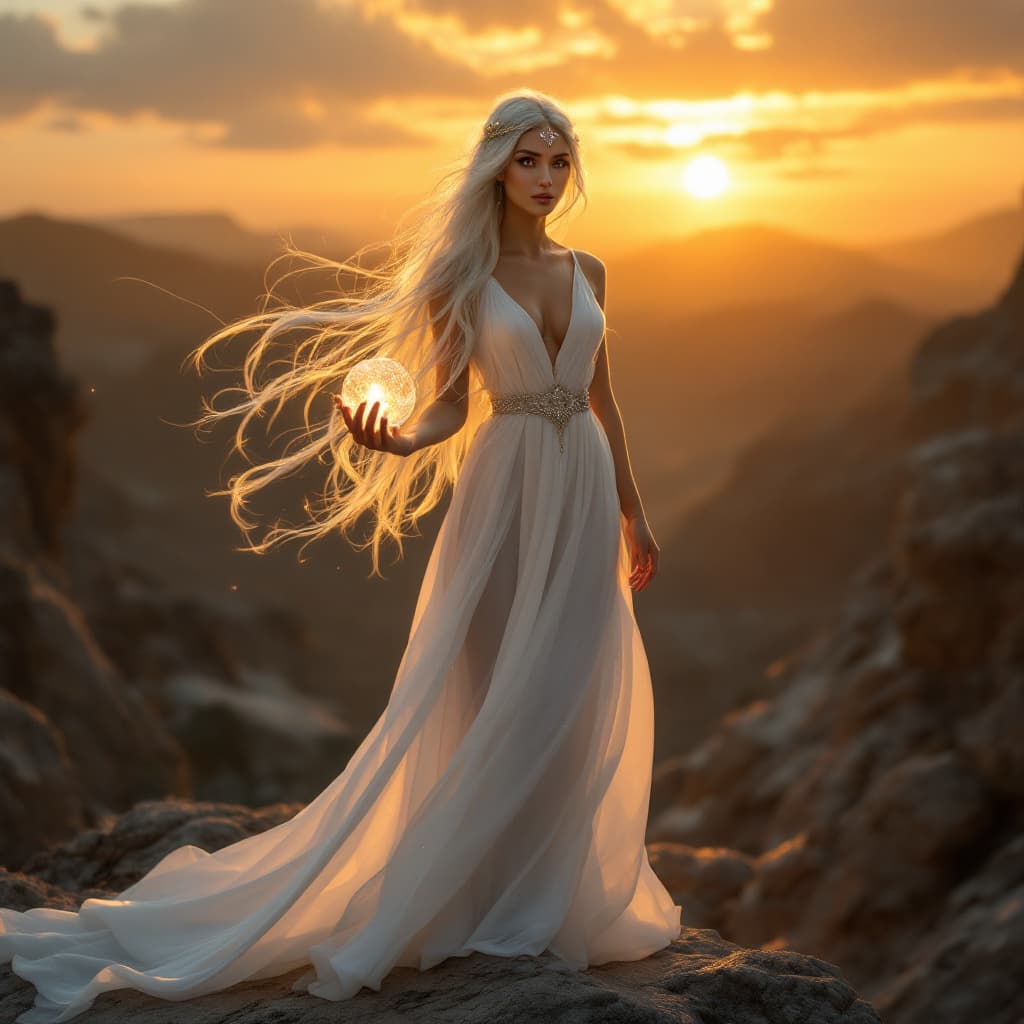 AI generated: a breathtaking portrait of a stunningly gorgeous 25 year old woman standing atop a rocky outcropping...
