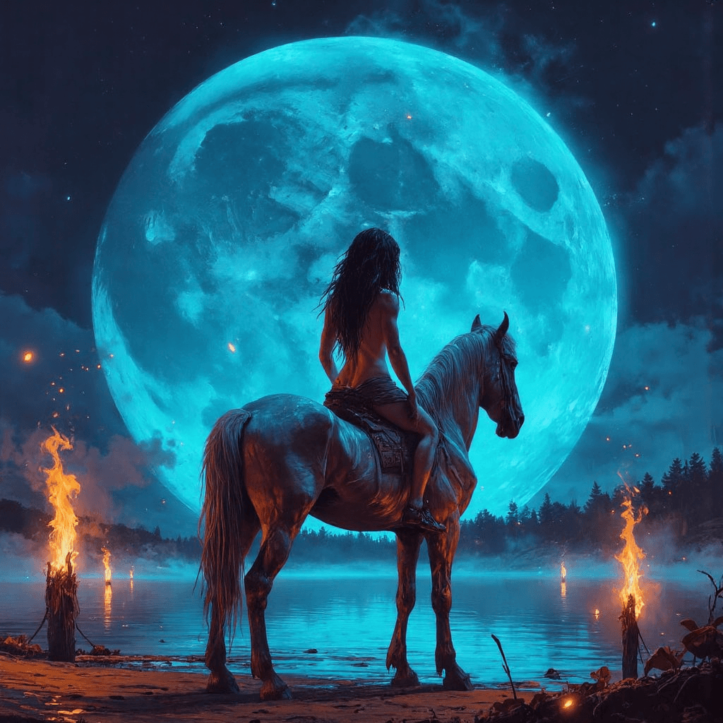 AI generated: In the textured realism of Simon Stålenhag, a moon-worshiping priestess sits bareback atop a silver-...
