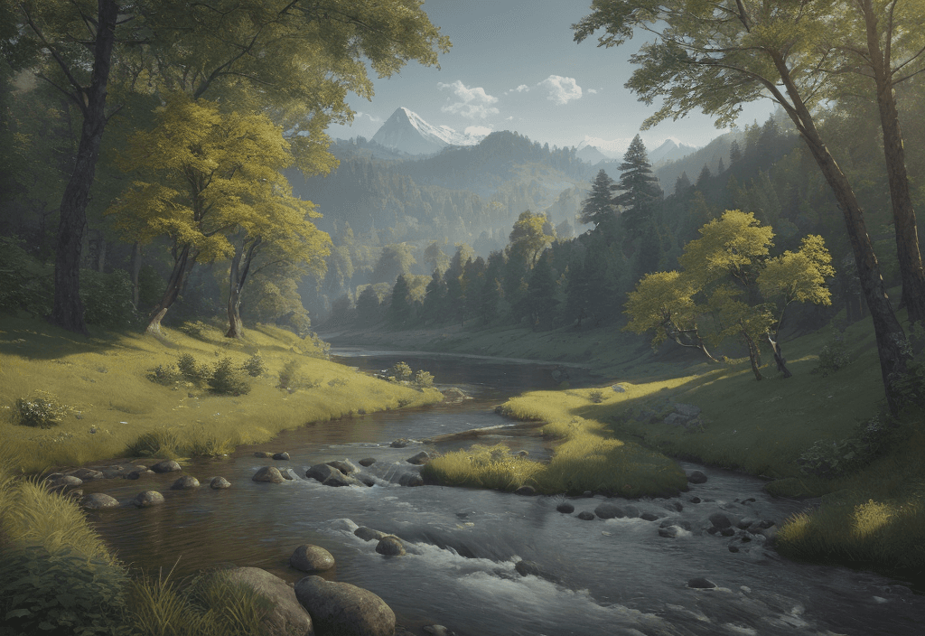 AI generated: photorealistic oil on canvas, 
small hills, river, trees,
beautiful setting, summer,
Foreground, 
un...