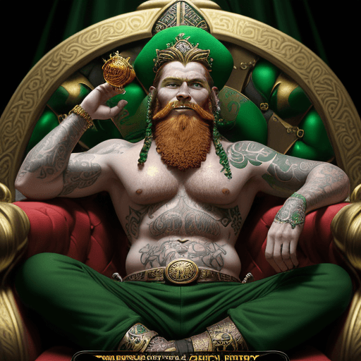 AI generated: 8k High resolution dark fantasy realism, portrait of the king of the leprechauns sitting on a golden...