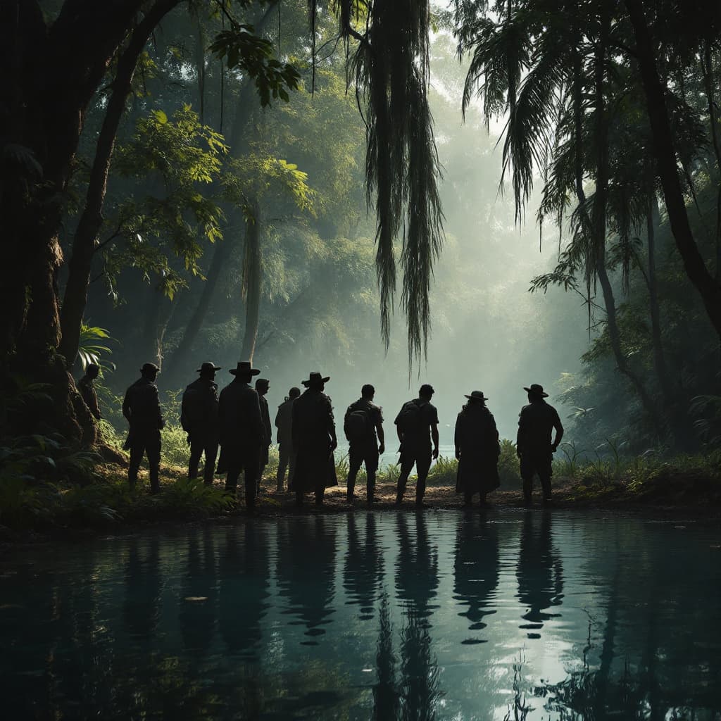 AI generated: indian people standing as gang mafia inside a deep jungle near a lake