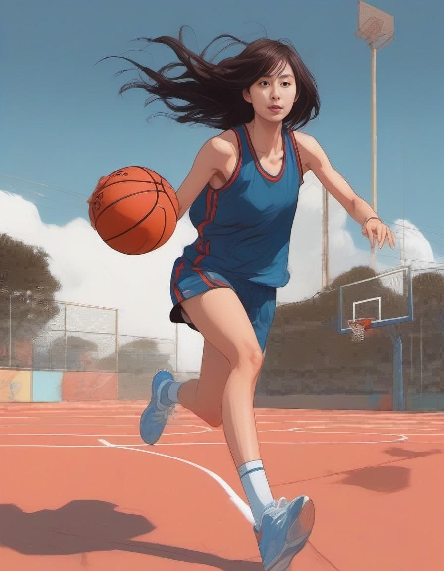 AI generated: a ultradetailed beautiful panting of a woman dribbling a basketball, by conrad roset, greg rutkowski...
