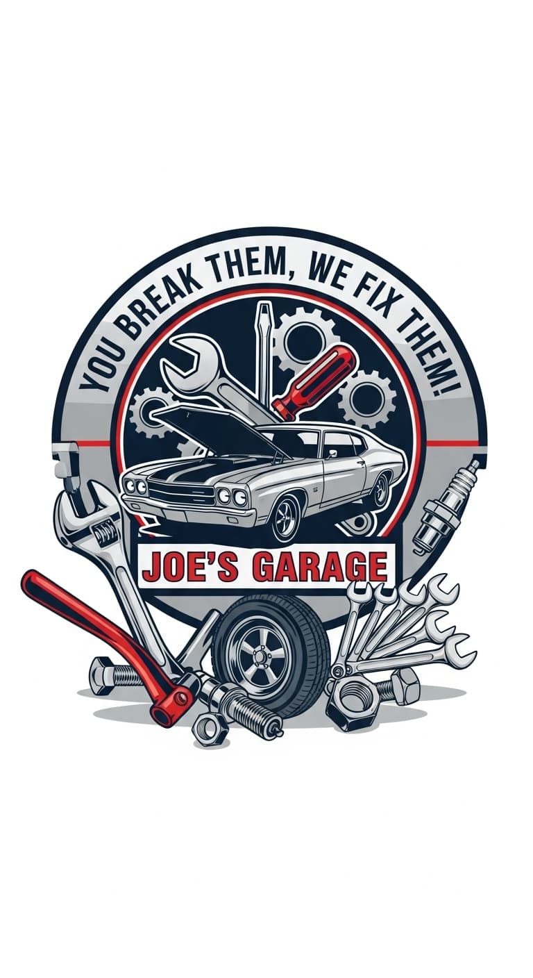 AI generated: a logo for a mechanic shop, text that says 'you break them, we fix them!'. add mechanic tools and pa...