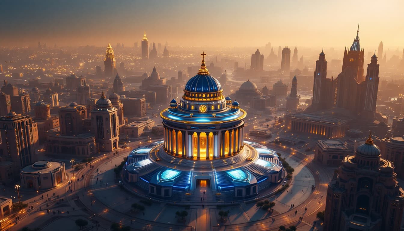 AI generated: The Central bank as seen from above : this imposing building in the busy center of a futuristic city...