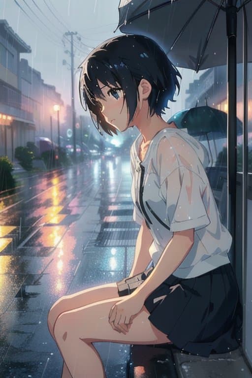AI generated: girl sitting in the rain with her head tilted back, with short hair, raining, profile of girl, raini...