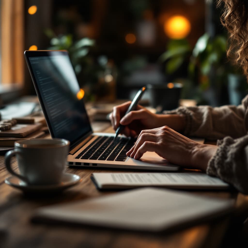 AI generated: A cozy image of a person writing on a laptop at a desk, with a cup of coffee and a notebook nearby.
...