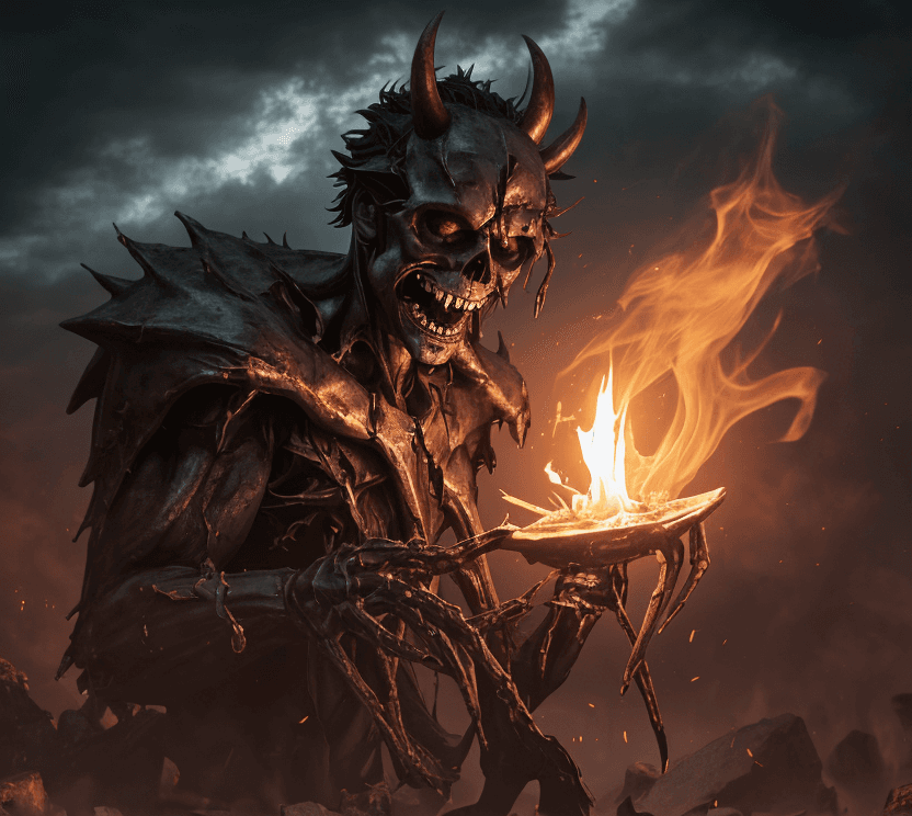 AI generated: Male character with Demon Face, with red skin, sharp horns, red eyes and sharp teeth, Buffalo horns,...