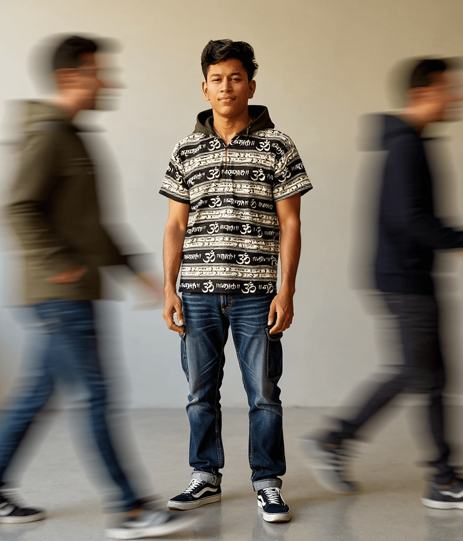 AI generated: photography, snap shot, male model, front pose, full-body, surrounded by a blurred motion, wearing c...