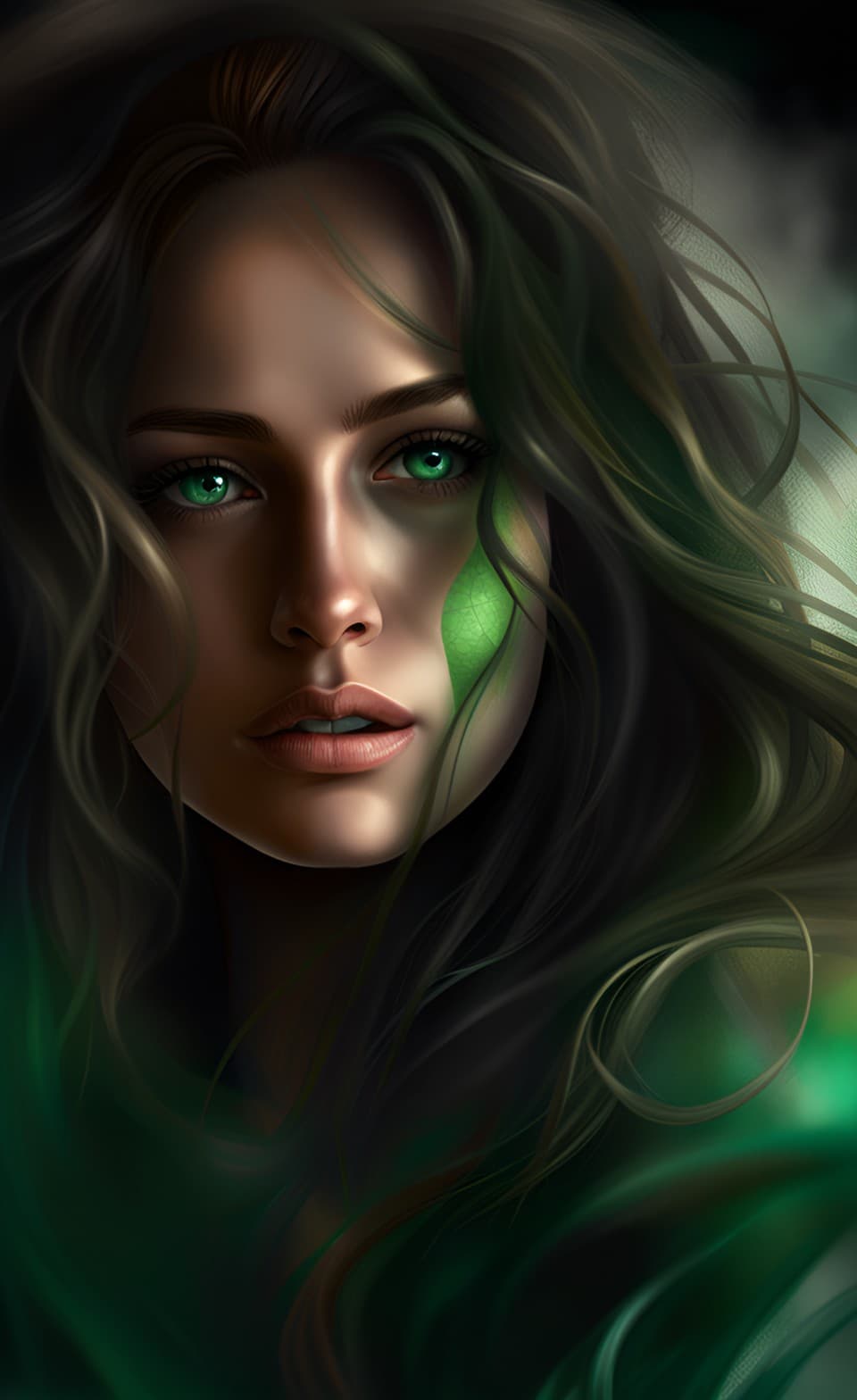 AI generated: Young female personal portrait, long messy hair, green emerald eyes, candid, intimate, dramatic ligh...