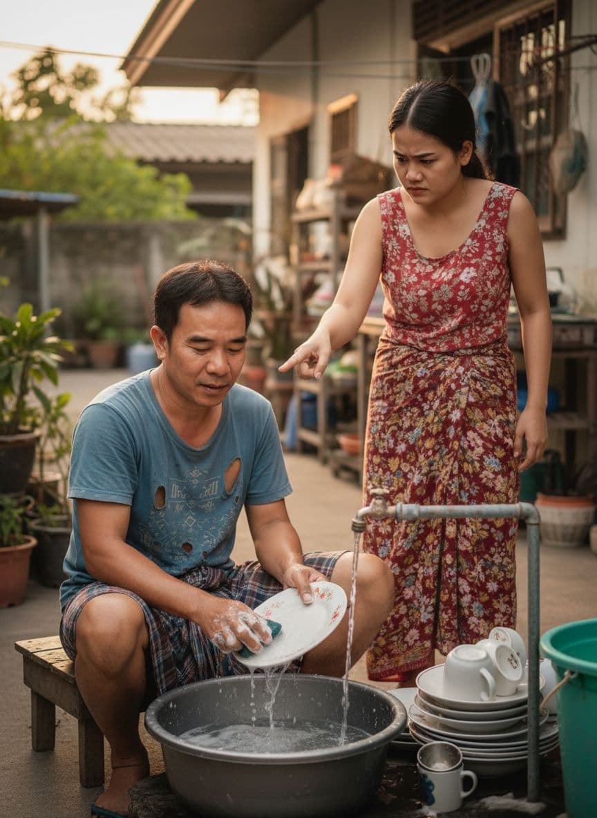 AI generated: สร้างภาพ ให้ผู้ชาย กำลัง นั่งล้างจาน ข้างเขา มีภรรยา กำลังยืนบ่นอยู่ ในมือซ้ายของเขาถือจาน มือขวาถือ...