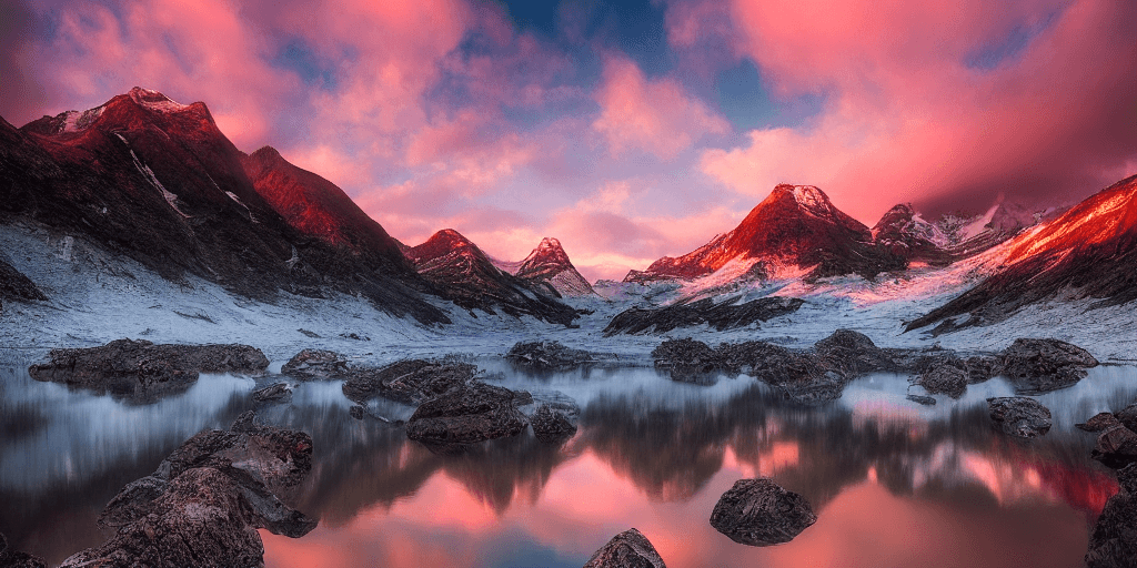 AI generated: landscape photography by Marc Adamus, Glacial lake, sunset, dramatic lighting, mountains, clouds, be...