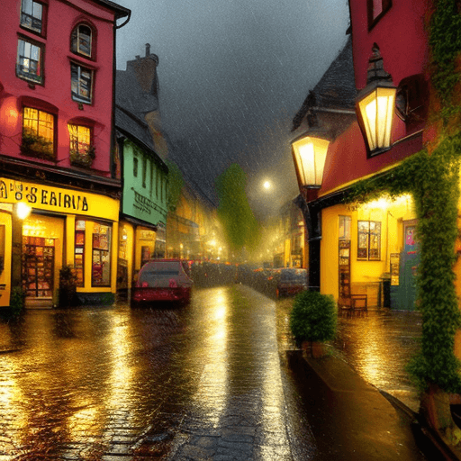 AI generated: {relaxing small town street view on a rainy day, a quaint and cozy atmosphere with small shops and c...
