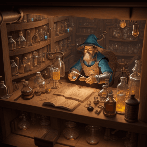 AI generated: Ultra-detailed 3D illustration of a pop-up book featuring an alchemist in his laboratory, brewing po...